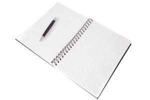 papéis alinhados de caderno aberto em branco com caneta foto