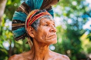 índio da tribo pataxo, com cocar de penas. índio brasileiro idoso olhando para a direita. foco no rosto foto