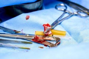 Feche a imagem de uma tesoura médica pegando um pedaço de cordão umbilical do bebê para detecção anormal com equipamento cirúrgico em fundo azul da colcha. foto