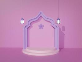 fundo de decoração islâmica de cor rosa suave design de arco de mesquita roxa flor no topo pódio de exibição de produto único lanterna pendurada em dois lados imagem de renderização 3d foto