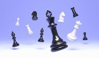 rei de ilustração de xadrez 3d, bispo rainha e torre de cavalo de peão em fundo azul, fundo de conceito de xadrez de renderização 3d foto