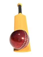 taco de madeira e bola de críquete vermelha de couro 3d render ilustração foto