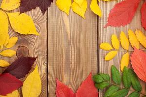 folhas de outono sobre fundo de madeira com espaço de cópia