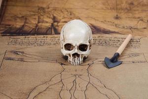 crânio humano em fundo de mapa antigo