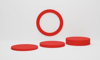 pódio de cilindro vermelho sobre fundo branco. plataforma geométrica de cena mínima abstrata. pódio em forma para exposição de produtos. 3d render, pódio de cilindro 3d illustration.red sobre fundo branco. renderização 3D foto