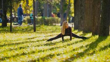 jovem modelo feminino de fitness exercitando-se em um prado no parque outono, conceito de atividades esportivas ao ar livre - flexibilidade foto