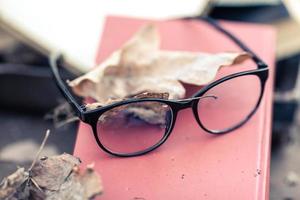 velhos óculos vintage, deitado sobre o livro velho no parque foto