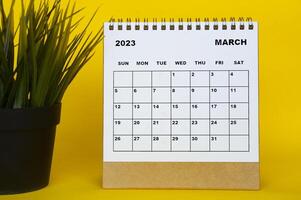 calendário de mesa de março de 2023 com planta de mesa em fundo amarelo. foto