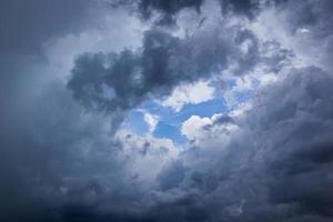 o céu escuro com nuvens pesadas convergindo e uma tempestade violenta antes da chuva. céu de mau tempo. foto