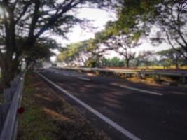 fundo abstrato desfocado de pistas rodoviárias e mediana com crescimento de plantas ornamentais e flores brilhando no sol da manhã foto