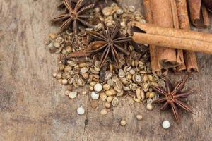 especiarias, deitado sobre uma superfície de madeira closeup foto