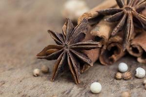 especiarias, deitado sobre uma superfície de madeira closeup foto