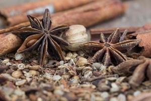 especiarias, deitado sobre uma superfície de madeira closeup foto