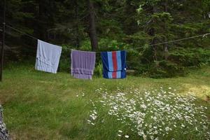 três toalhas penduradas do lado de fora para secar no verão foto