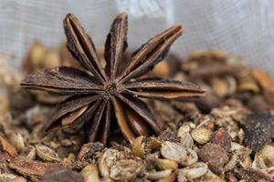 especiarias, deitado sobre uma superfície de madeira closeup foto