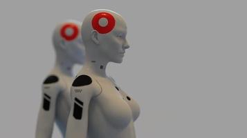 grupo de robôs na imagem feminina em pé no conceito de inteligência artificial e robótica de linhas foto