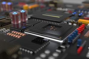 placa de circuito impresso com microchips, processadores e outras peças de computador. renderização 3D sobre o tema da tecnologia e grande poder de computação foto