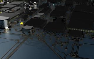 chip de processador em uma placa de circuito impresso em luz de fundo vermelha. Ilustração 3D sobre o tema da tecnologia e o poder da inteligência artificial. foto