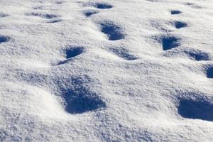 pegadas e amassados na neve depois que as pessoas passaram foto