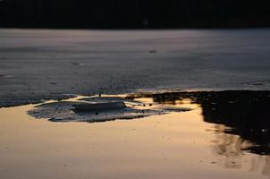 borda de gelo em um lago ao pôr do sol. paisagem de inverno em brandenburg foto