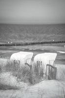 cadeira de praia em preto e branco na praia do mar báltico em zingst. foto