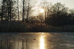 lago congelado ao pôr do sol em temperaturas frias foto