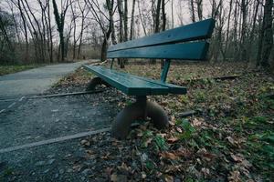 banco de madeira sobre trilhos abandonados em um parque no outono. solitário desfrutar foto