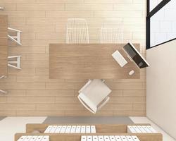 vista superior da sala de recepção com mesa de madeira e piso de madeira. renderização em 3D foto