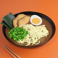 macarrão japonês ramen com coberturas de prato de molho de soja, como carne de porco fatiada, ovo, nori. renderizar ilustração 3d foto