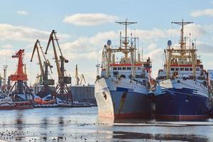 navios ancorados e guindastes portuários no porto foto