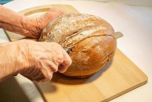 as mãos da mulher idosa cortam pão de centeio redondo em farinha na placa da cozinha foto