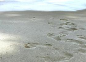 dia ensolarado a beira-mar e pegadas na areia foto