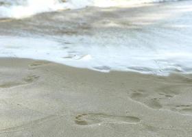 dia ensolarado a beira-mar e pegadas na areia foto
