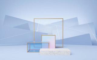 3 pódio de cubo de mármore branco vazio com moldura de ouro colocado contra azul pastel, fundo de parede de vidro. maquete de vitrine geométrica mínima pastel pedestal. palco para exibição do design do produto. renderização 3D. foto