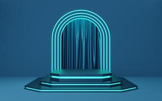pódio de forma octogonal azul vazio com borda de iluminação neon e arco, fundo de cortina. espaço de maquete de pedestal para moderno e tecnologia. espaço de maquete de design de produto. renderização 3D.