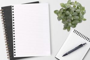 bloco de notas em branco e caderno com caneta foto