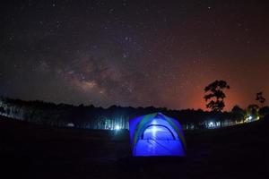 silhueta de árvore com tenda e via láctea no parque nacional de phu hin rong kla, phitsanulok tailândia. fotografia de longa exposição. foto