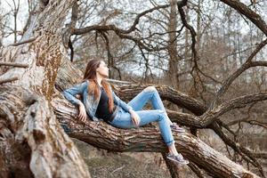 jovem mulher bonita em roupas jeans, sentado e descansando em uma grande árvore foto