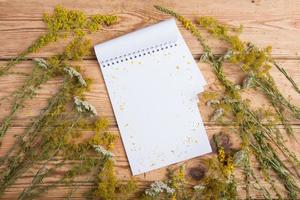 bloco de notas e ervas medicinais na mesa de madeira - medicin alternativo