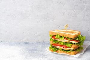 sanduíches saborosos e frescos em uma mesa cinza clara. copie o espaço. foto