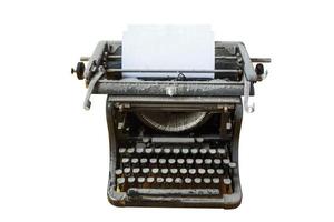 velha máquina de escrever coberta de poeira vintage com folha de papel isolada no fundo branco foto