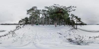 inverno esférico completo 360 graus vista panorâmica estrada em uma floresta nevada perto do lago com céu pálido cinza em projeção equirretangular. conteúdo vr foto