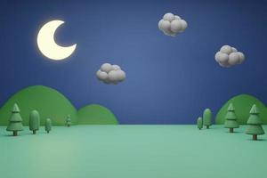 renderização de ilustração 3d de fundo de lua crescente bonito dos desenhos animados, nuvens de montanha de árvore e rio foto