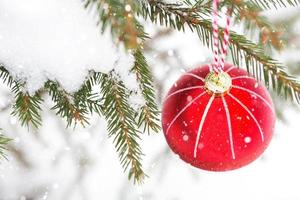 uma bola vermelha de natal em um galho de um abeto natural coberto de neve. natal, ano novo ao ar livre. queda de neve, clima festivo de contos de fadas e magia, decoração de rua.