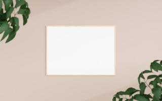 foto de madeira horizontal de vista frontal limpa e minimalista ou maquete de quadro de pôster pendurado na parede com planta embaçada. renderização 3D.