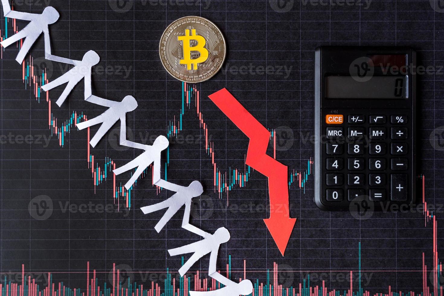 unrentable investition der abschreibung von virtuellem geld bitcoin. roter pfeil, silberne bitcoin und papiermenge gehen auf dem hintergrund des papier-forex-chart-index nach unten. konzept der abschreibung von kryptowährung. foto