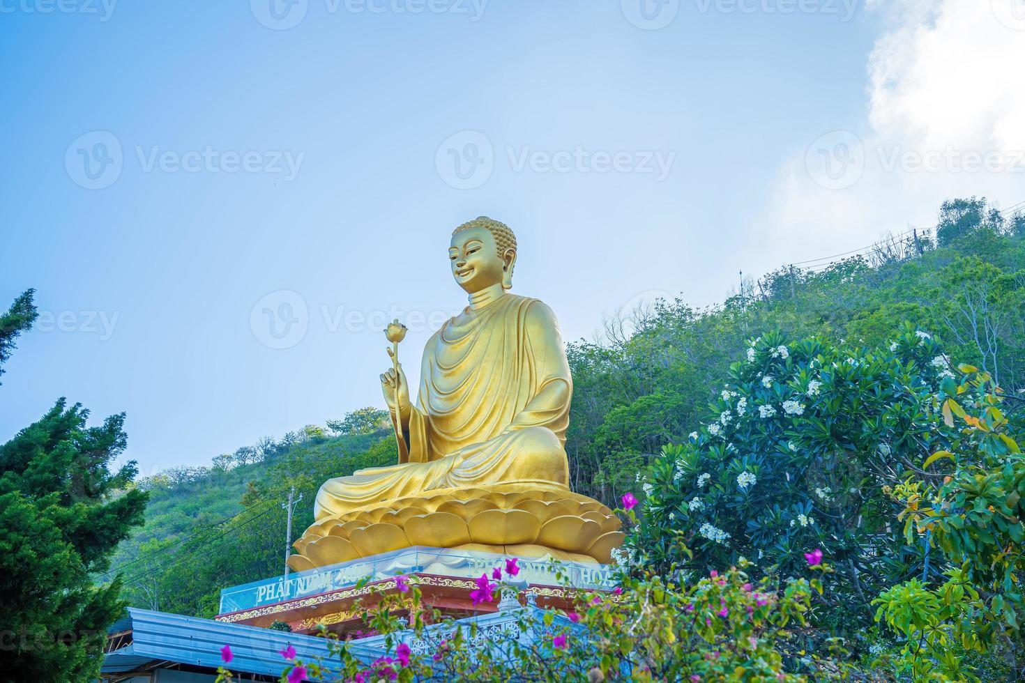 die hand der goldenen buddha-statue, die lotus im kloster chon khong hält. foto