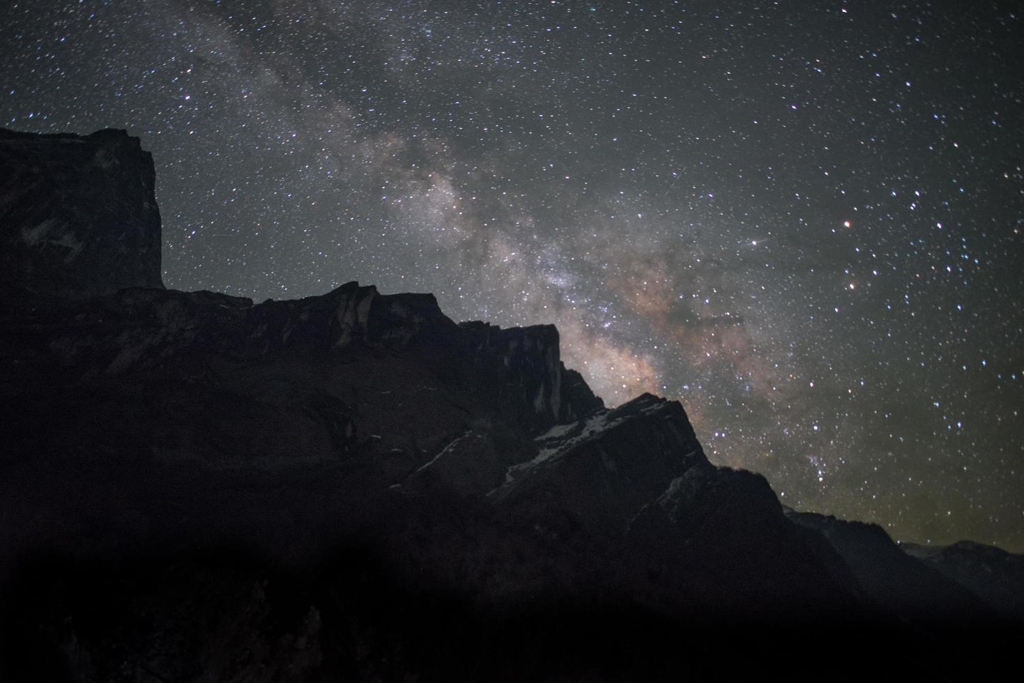 die milchstraße in der sternenklaren nacht über dem himalaya-gebirge in der annapurna-region von nepal. Die Milchstraße ist eine vergitterte Spiralgalaxie mit einem Durchmesser von etwa hundert Lichtjahren. foto