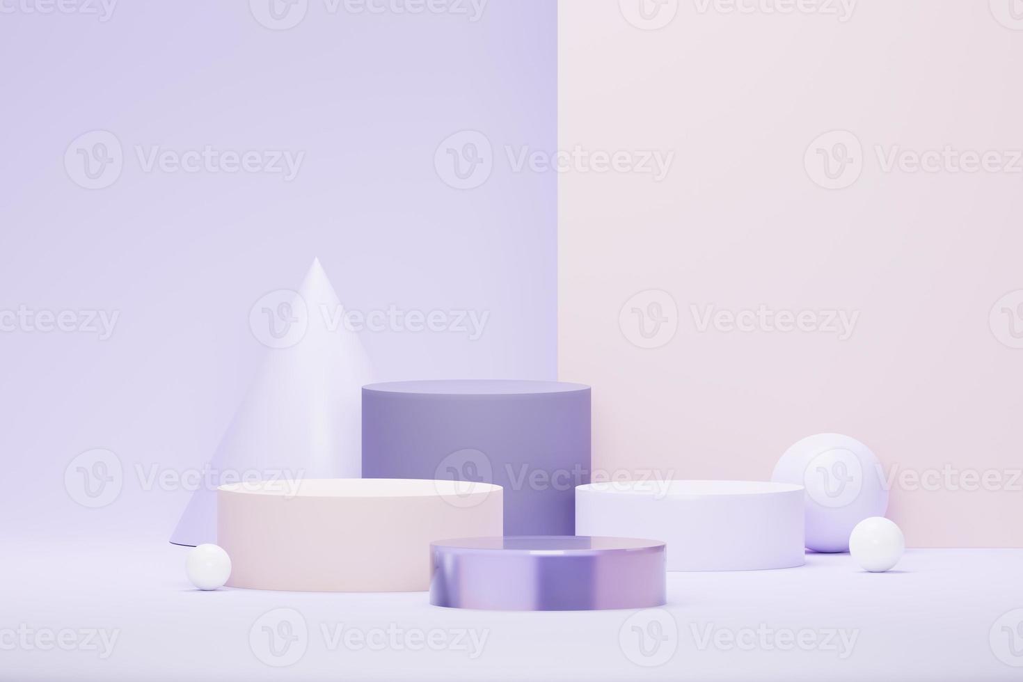 3D-Rendering pastellgrüner minimaler Hintergrund mit Podiumsständer. lila bühnenpodest für kosmetische produktpräsentation und werbung. Studioszene mit Vitrinensockel in cleanem Design. foto