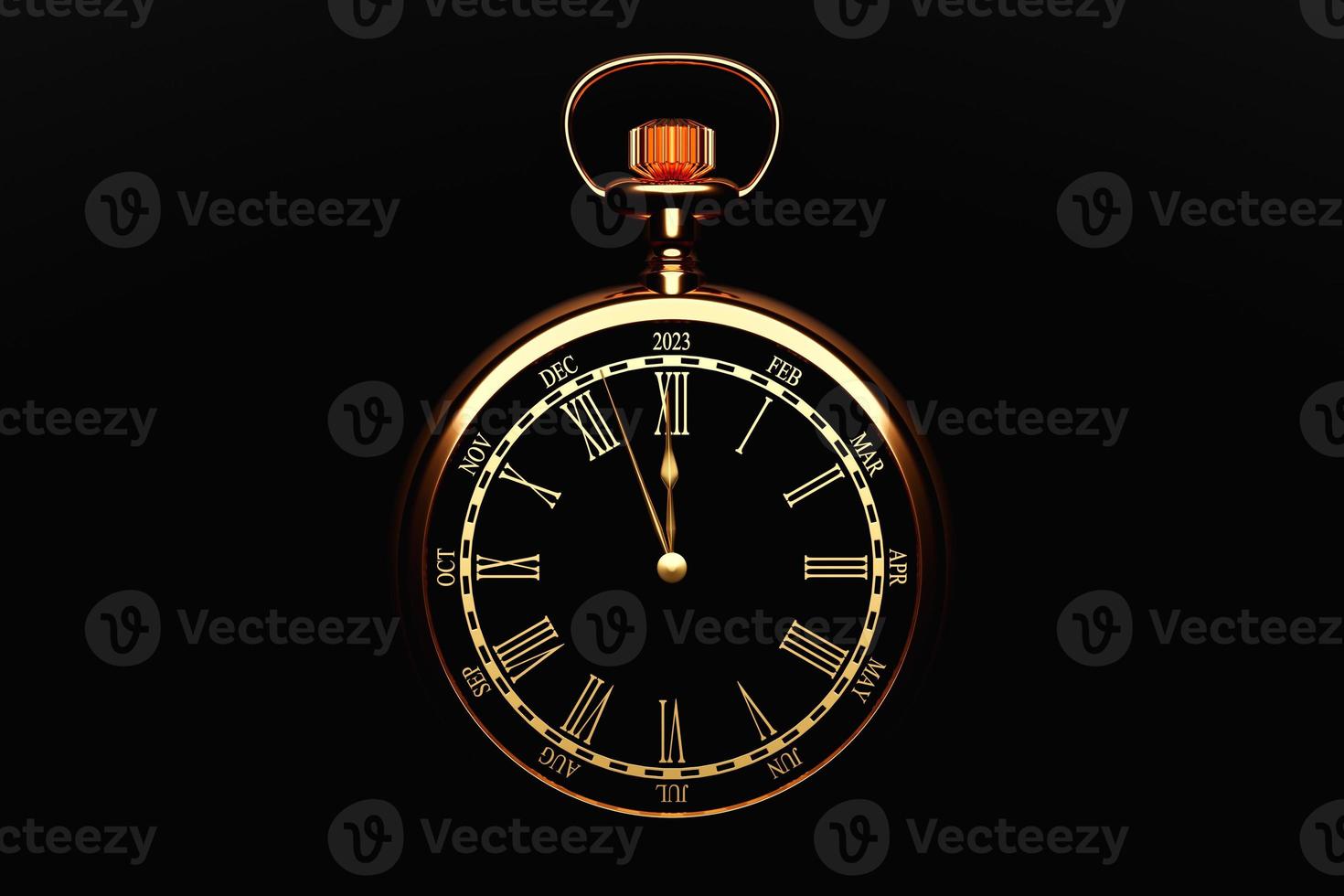 3D-Darstellung der antiken schwarzen runden Uhr mit Cutoffs 2023 und Kalendermonaten auf schwarzem, isoliertem Hintergrund. Stoppuhr-Symbol, Logo. Chronometer, Vintage-Timer foto
